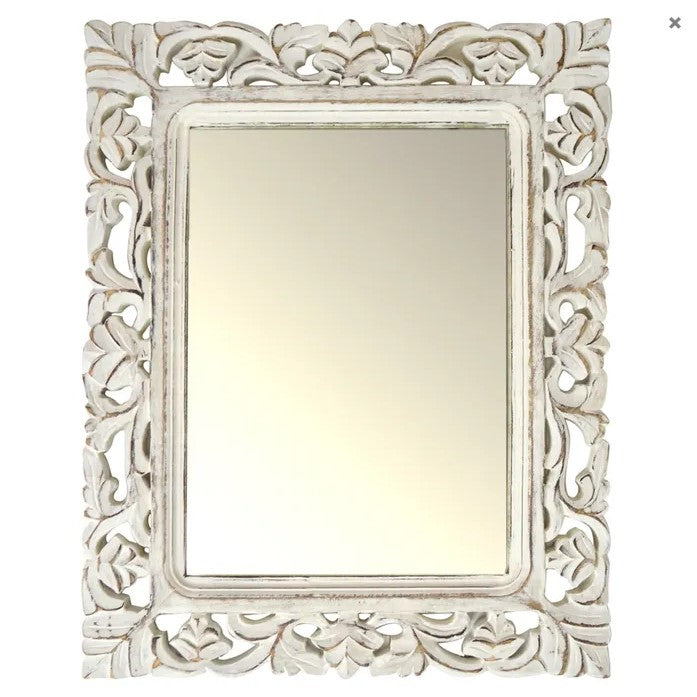 40x50 Carved Mango Wood Mirror | White Wash