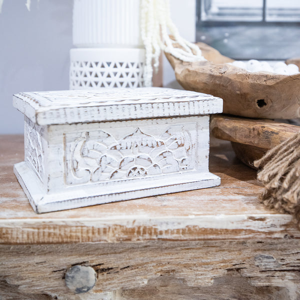 Carved White Wash Timber Box