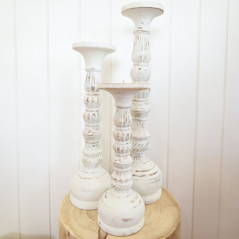White Wash Carved Candle Stick