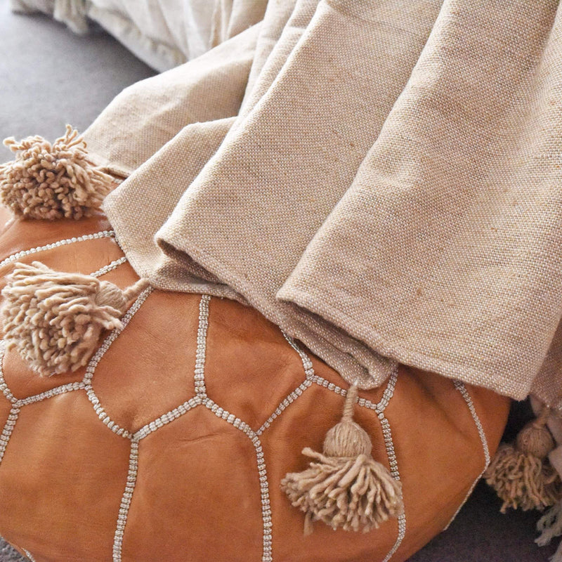 Moroccan Leather Ottoman - Light Tan-Boho Abode-Bohemian,Boho,brown,decor,floor cushion,handmade,home decor,leather,leather ottoman,moroccan,morocco,ottoman,tan