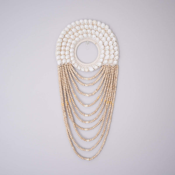 White Shell Beaded Wall Hanging-Boho Abode-bali,beaded,beads,decor,feather,handmade,necklace,set,shell,tribal necklace,wall decor,wall hanging,white