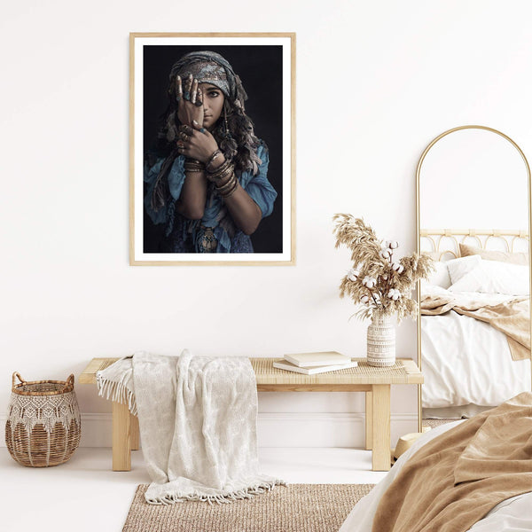 Moroccan Gypsy Tribal Woman-Boho Abode-Art Print,blue,Bohemian,Boho,Canvas,Framed Print,gypsy,gypsy woman,moroccan,moroccan gypsy,portrait,Print,rustic,tribal,tribal woman,woman