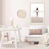 Beach Surf Girl-Boho Abode-Art Print,beach,Bohemian,Boho,Canvas,coastal,Framed Print,hamptons,neutral,ocean,portrait,Print,sand,surf board,surf girl,surfer,woman