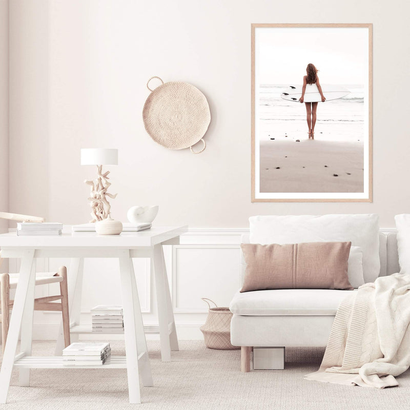 Beach Surf Girl-Boho Abode-Art Print,beach,Bohemian,Boho,Canvas,coastal,Framed Print,hamptons,neutral,ocean,portrait,Print,sand,surf board,surf girl,surfer,woman