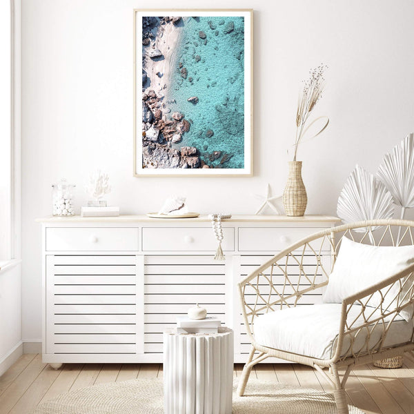 Tropea Beach Cove-Boho Abode-aerial,Art Print,bird,blue,Bohemian,Boho,Canvas,coast,coastal,cove,Framed Print,italy,ocean,peach,portrait,Print,teal,tropea beach,tropical,vibrant,water,waves