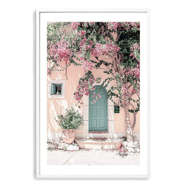 Greek Villa In Spring-Boho Abode-arch,arch door,architecture,Art Print,blush,Bohemian,Boho,Canvas,door,floral,Framed Print,greece,greek,neutral,palm tree,peach,pink,portrait,Print,timber door,villa