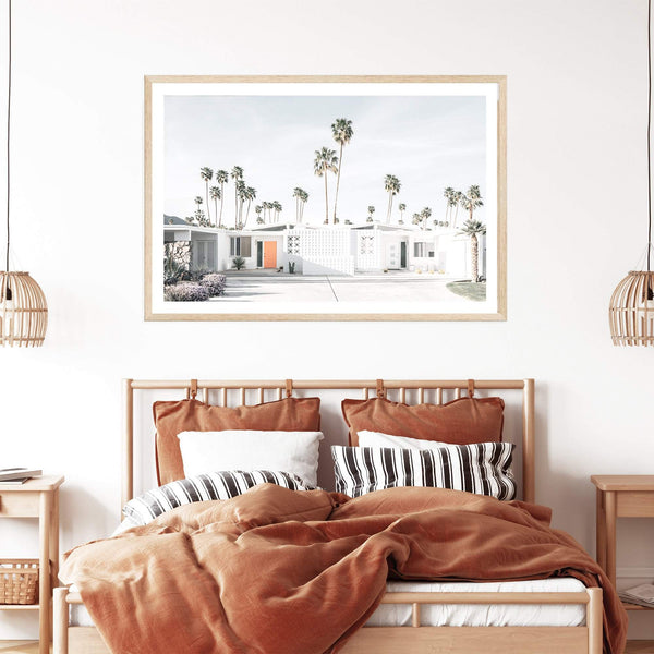 Mid Century Modern Palm Springs-Boho Abode-Art Print,blue,Bohemian,Boho,california,californian,Californian desert,Canvas,desert,Framed Print,house,joshua tree,landscape,mid century modern,mountain,mountian,neutral,palm springs,palm springs house,palm tree,palms,Print,property,retro,sky