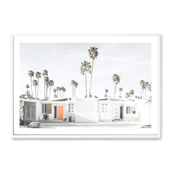 Mid Century Modern Palm Springs-Boho Abode-Art Print,blue,Bohemian,Boho,california,californian,Californian desert,Canvas,desert,Framed Print,house,joshua tree,landscape,mid century modern,mountain,mountian,neutral,palm springs,palm springs house,palm tree,palms,Print,property,retro,sky