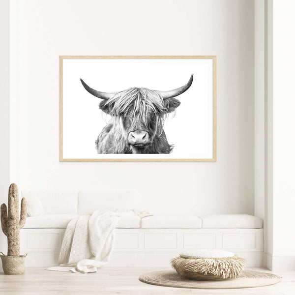 Highland Bull | Monochrome-Boho Abode-Art Print,black & white,Bohemian,Boho,bull,Canvas,cow,Framed Print,highland bull,highland cattle,Highland cow,landscape,monochrome,Print,rustic