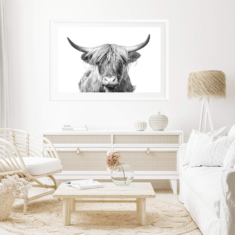 Highland Bull | Monochrome-Boho Abode-Art Print,black & white,Bohemian,Boho,bull,Canvas,cow,Framed Print,highland bull,highland cattle,Highland cow,landscape,monochrome,Print,rustic