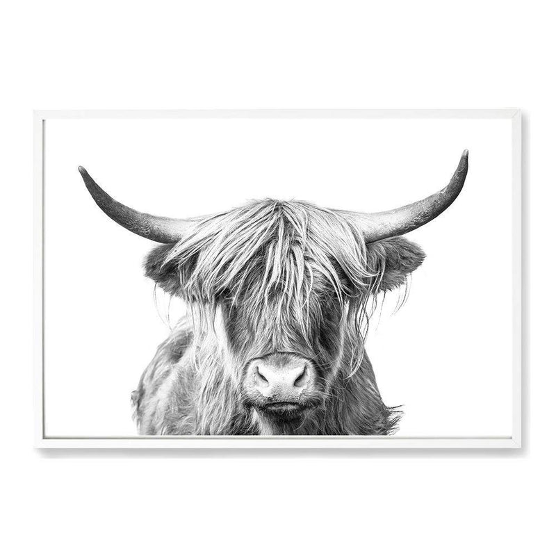 Highland Bull | Monochrome-Boho Abode-Art Print,black & white,Bohemian,Boho,bull,Canvas,cow,Framed Print,highland bull,highland cattle,Highland cow,landscape,monochrome,Print,rustic