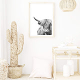 Highland Cow | Monochrome-Boho Abode-Art Print,black & white,Bohemian,Boho,bull,Canvas,cow,Framed Print,highland bull,highland cattle,Highland cow,monochrome,portrait,Print,rustic