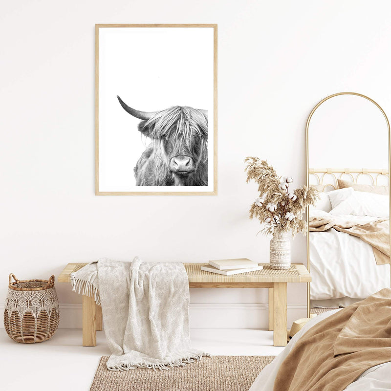 Highland Cow | Monochrome-Boho Abode-Art Print,black & white,Bohemian,Boho,bull,Canvas,cow,Framed Print,highland bull,highland cattle,Highland cow,monochrome,portrait,Print,rustic