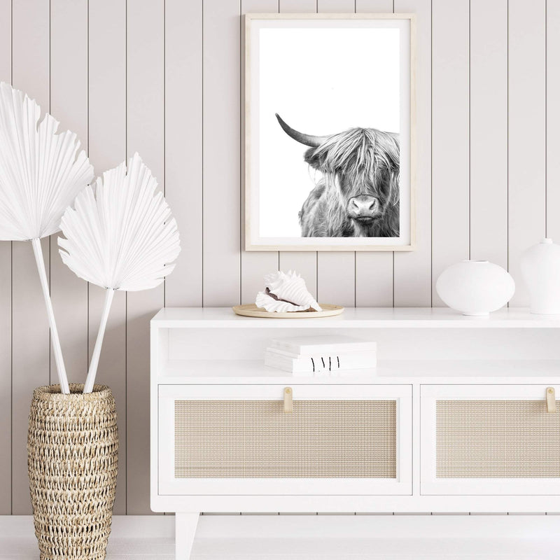 Highland Cow | Monochrome-Boho Abode-Art Print,black & white,Bohemian,Boho,bull,Canvas,cow,Framed Print,highland bull,highland cattle,Highland cow,monochrome,portrait,Print,rustic