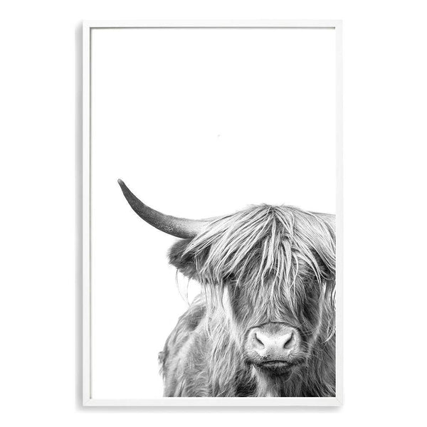 Highland Cow | Monochrome-Boho Abode-Art Print,black & white,Bohemian,Boho,bull,Canvas,cow,Framed Print,highland bull,highland cattle,Highland cow,monochrome,portrait,Print,rustic