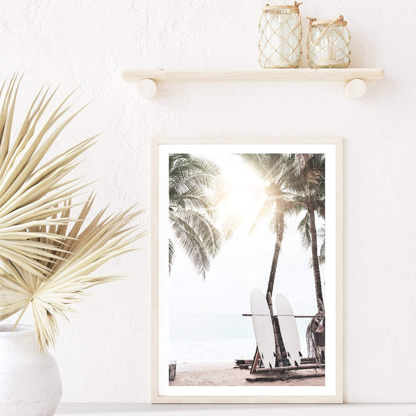 Sunny Surf Beach-Boho Abode-Art Print,beach,Bohemian,Boho,Canvas,coastal,Framed Print,hamptons,neutral,ocean,portrait,Print,sand,surf board,surfer