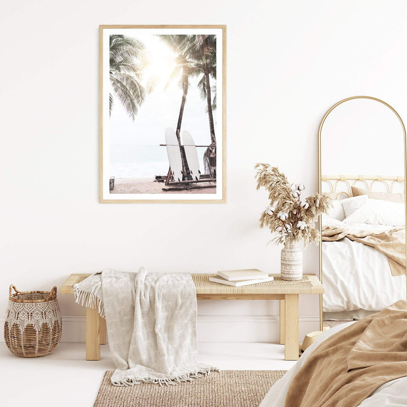 Sunny Surf Beach-Boho Abode-Art Print,beach,Bohemian,Boho,Canvas,coastal,Framed Print,hamptons,neutral,ocean,portrait,Print,sand,surf board,surfer