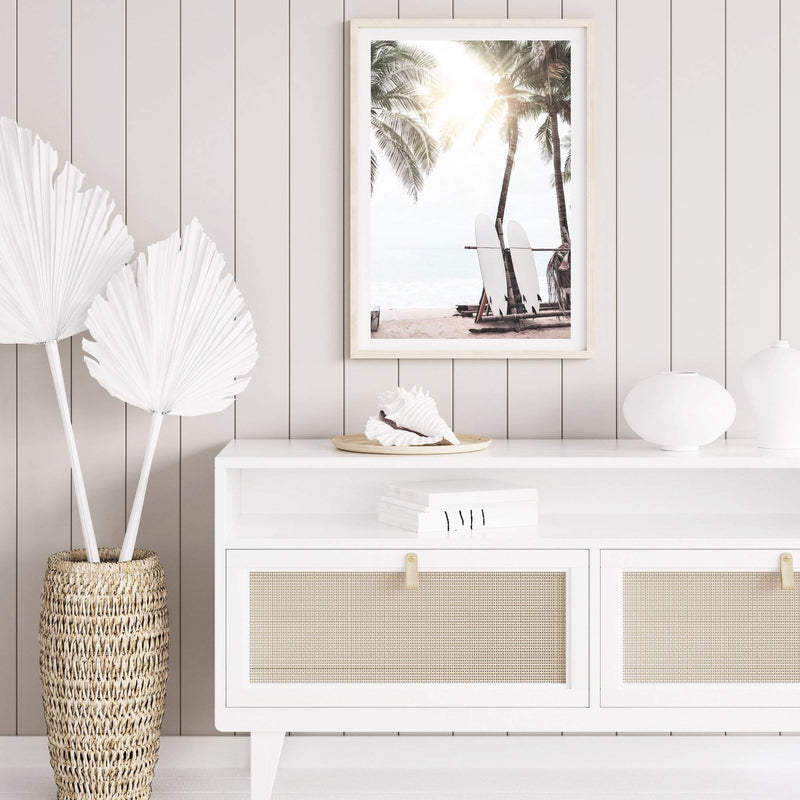 Sunny Surf Beach-Boho Abode-Art Print,beach,Bohemian,Boho,Canvas,coastal,Framed Print,hamptons,neutral,ocean,portrait,Print,sand,surf board,surfer
