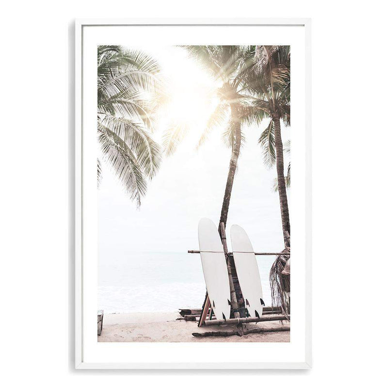 Sunny Surf Beach-Boho Abode-Art Print,beach,Bohemian,Boho,Canvas,coastal,Framed Print,hamptons,neutral,ocean,portrait,Print,sand,surf board,surfer