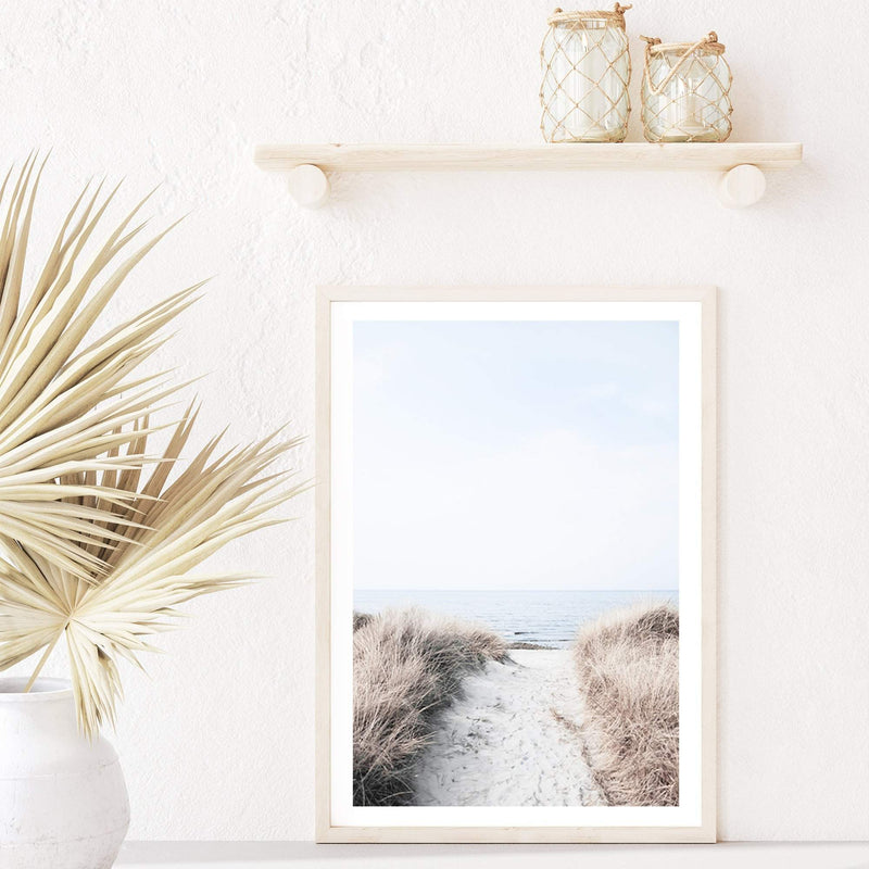 Beach Pathway-Boho Abode-Art Print,beach,beach entrance,beach grass,blue,Bohemian,Boho,Canvas,coast,coastal,Framed Print,grass,hamptons,ocean,pampas grass,portrait,Print,sand,waves