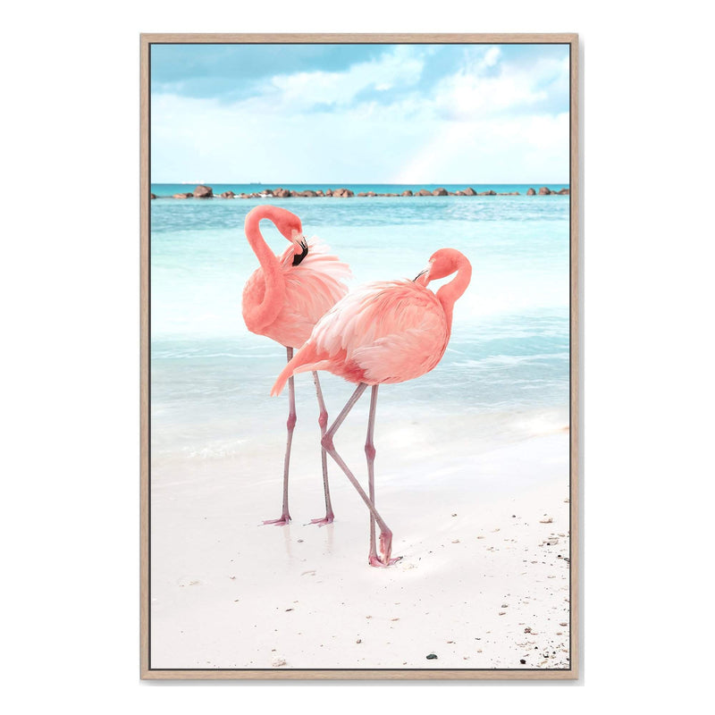 Flamingo Beach-Boho Abode-Art Print,bird,blue,Bohemian,Boho,Canvas,coast,coastal,flamingo,Framed Print,island,ocean,peach,pink,portrait,Print,teal,tropical,vibrant,water,waves