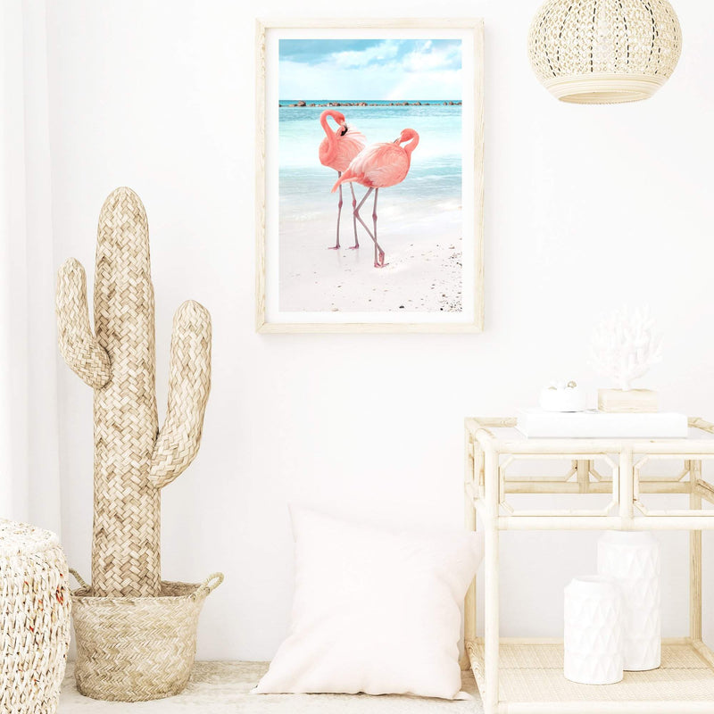 Flamingo Beach-Boho Abode-Art Print,bird,blue,Bohemian,Boho,Canvas,coast,coastal,flamingo,Framed Print,island,ocean,peach,pink,portrait,Print,teal,tropical,vibrant,water,waves