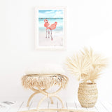 Flamingo Beach-Boho Abode-Art Print,bird,blue,Bohemian,Boho,Canvas,coast,coastal,flamingo,Framed Print,island,ocean,peach,pink,portrait,Print,teal,tropical,vibrant,water,waves