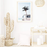 Beach Kombi-Boho Abode-Art Print,beach,beige,blue,Bohemian,Boho,Canvas,coastal,Framed Print,hamptons,kombi,kombi van,ocean,palm tree,portrait,Print,van