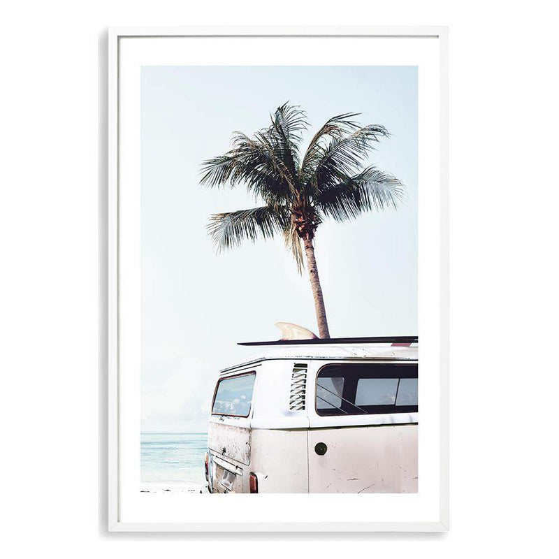 Beach Kombi-Boho Abode-Art Print,beach,beige,blue,Bohemian,Boho,Canvas,coastal,Framed Print,hamptons,kombi,kombi van,ocean,palm tree,portrait,Print,van