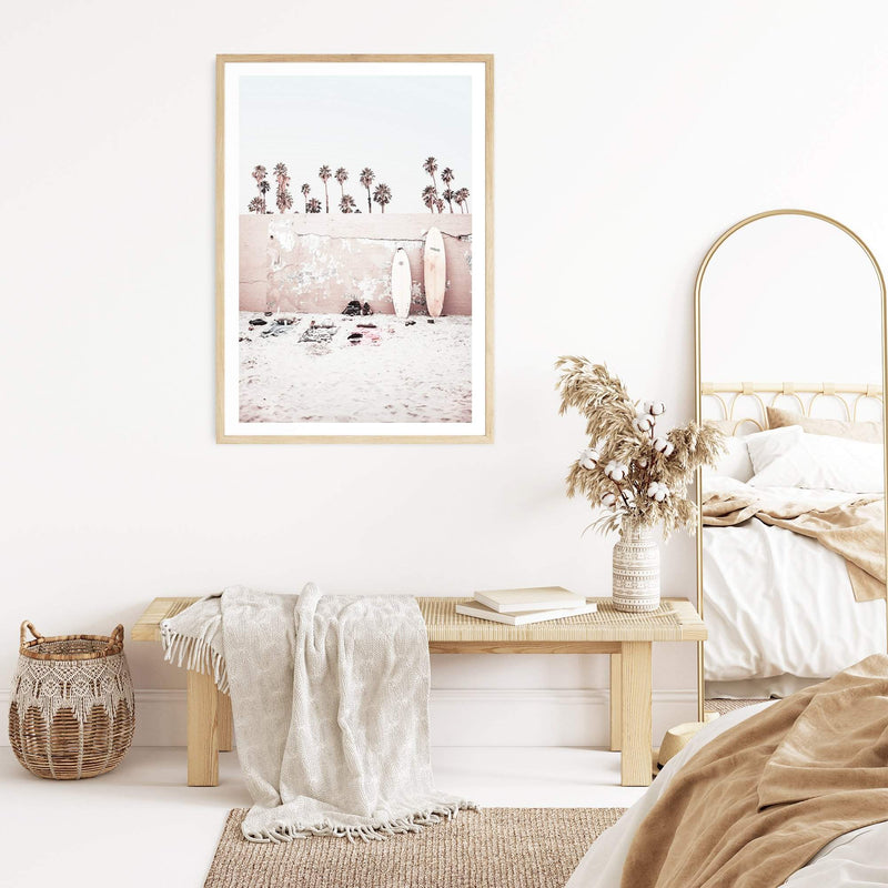 Surf Beach Days-Boho Abode-Art Print,beach,Bohemian,Boho,Canvas,coastal,Framed Print,hamptons,neutral,ocean,peach,pink,portrait,Print,sand,surf board,surfer