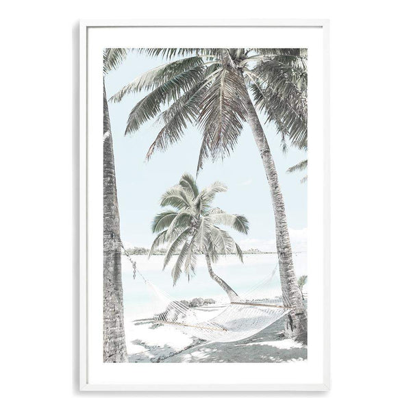 Beach Hammock-Boho Abode-Art Print,beach,blue,Bohemian,Boho,Canvas,coast,coastal,Framed Print,hammock,hamptons,island,ocean,palm tree,palms,paradise,portrait,Print,sand,tropical,tropical island,waves