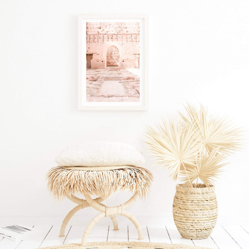 Peach Moroccan Archway-Boho Abode-arch,arch door,architecture,Art Print,Bohemian,Boho,Canvas,door,Framed Print,neutral,palm tree,peach,portrait,Print,timber door