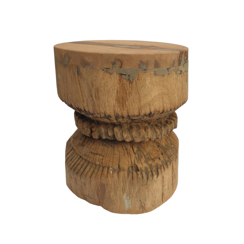 Antique Indian Okhli Carved Stool | Natural #2