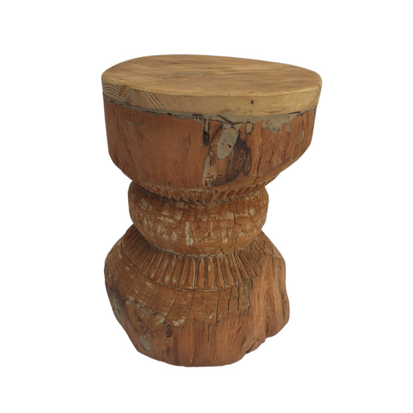 Antique Indian Okhli Carved Stool | Natural #4