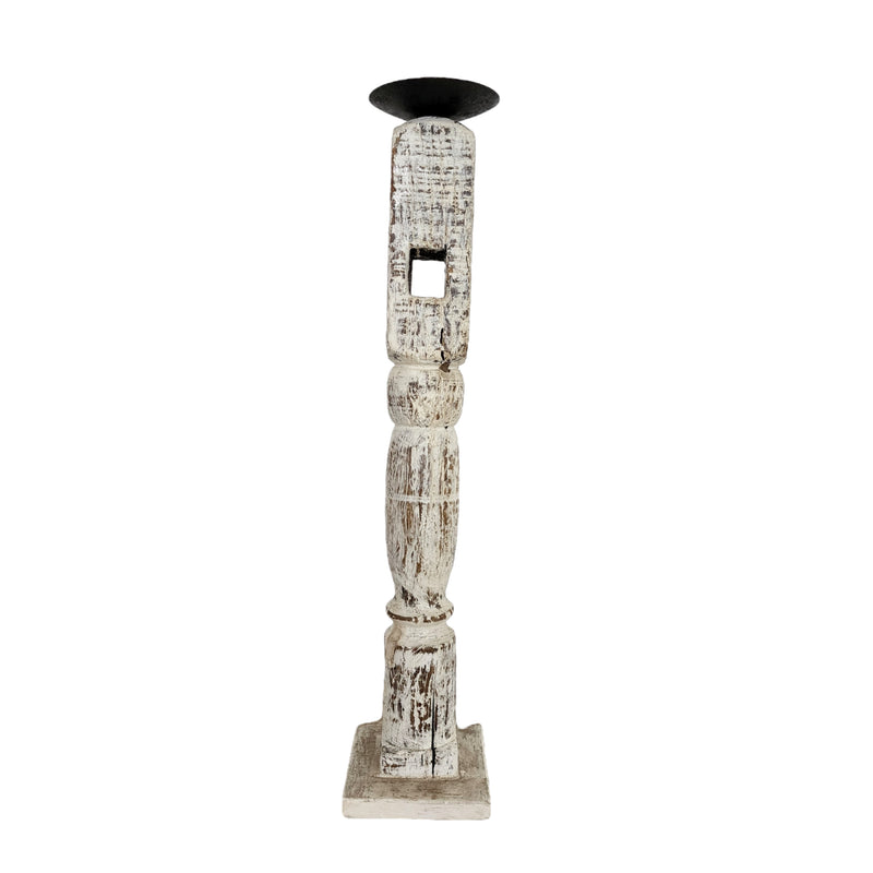 Vintage Indian Pillar Candle Stick | White Wash