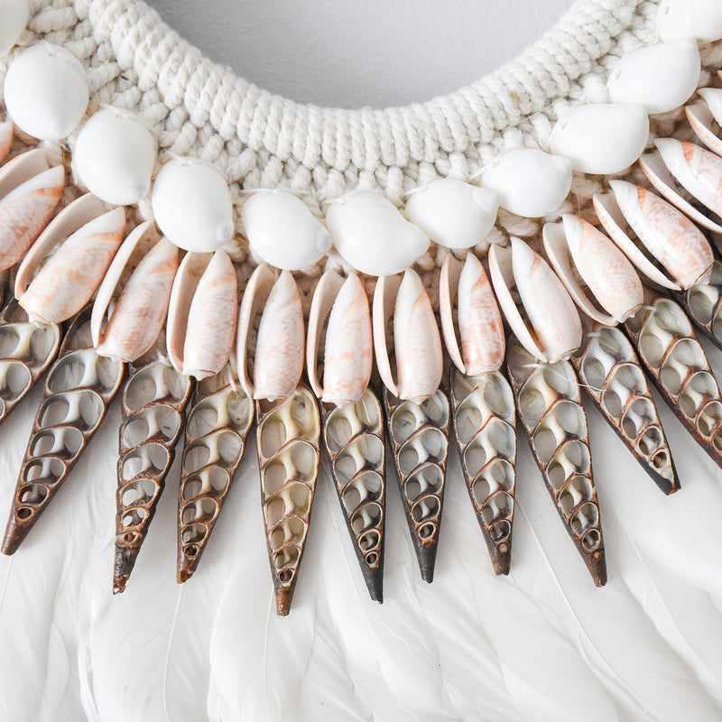 White & Peach Shell & Feather Tribal Necklace