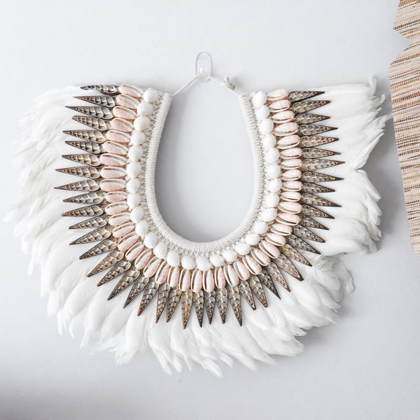 White & Peach Shell & Feather Tribal Necklace