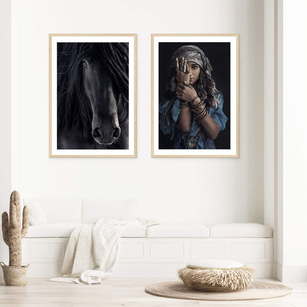 Set Of Two Moroccan Gypsy Tribal Woman & Black Horse-Boho Abode-animal,Art Print,black,black stallion,Bohemian,Boho,Canvas,desert,dress,Framed Print,gypsy,horse,morocca horse,moroccan,moroccan gypsy,morocco,portrait,Print,set,sets,stallion,tribal,tribal woman,woman
