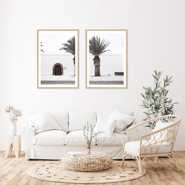 Set Of Two Set Of Two White Island Church Door & Island Palm Tree-Boho Abode-arch door,architectural,architecture,Art Print,Bohemian,Boho,building,Canvas,church,door,Framed Print,illustrated,island,isle,ivory,neutral,palm,palm tree,portrait,Print,set,sets,spain,spanish,spanish church,timber door,white