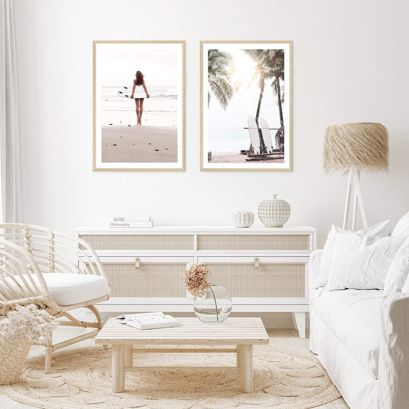 Set Of Two Sunny Surf Beach & Beach Surf Girl-Boho Abode-Art Print,beach,Bohemian,Boho,Canvas,coastal,Framed Print,girl,illustrated,island,isle,neutral,ocean,portrait,Print,set,sets,sunrise,sunset,surf,surf board,surf girl,surfer,surfer girl,view