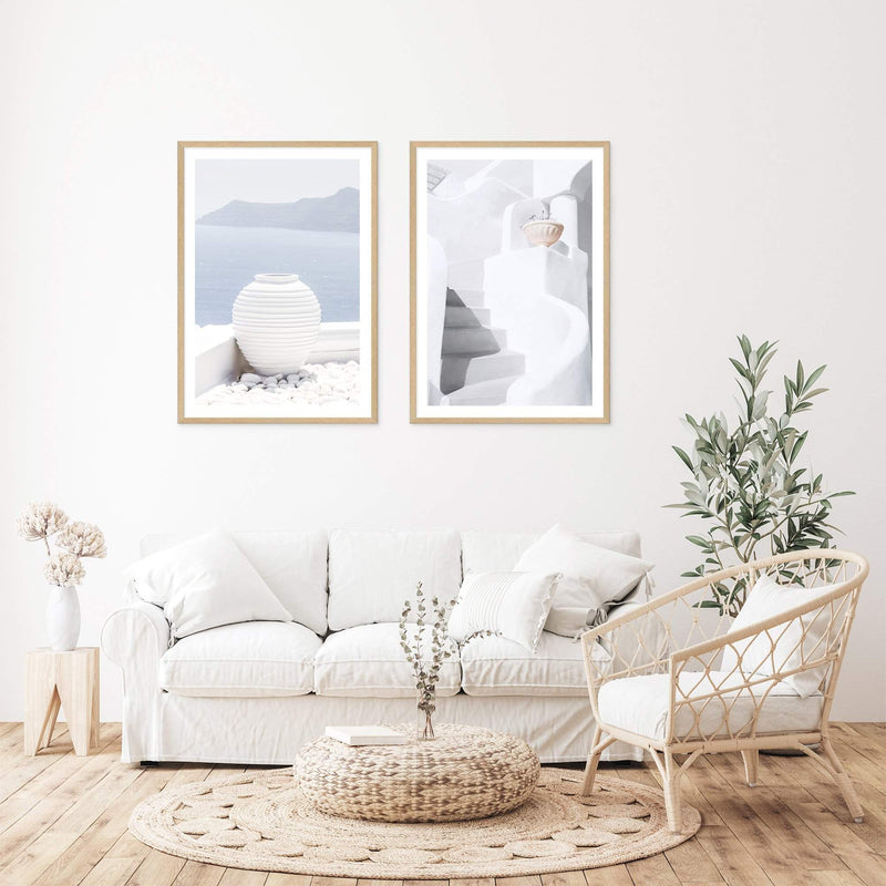 Set Of Two Set Of Two Santorini Urn & Santorini Stairs-Boho Abode-architectural,architecture,Art Print,blue,Bohemian,Boho,building,Canvas,coastal,Framed Print,greece,greek,greek stairs,greek urn,illustrated,island,isle,ivory,neutral,ocean,oia town,portrait,Print,santorini,set,sets,stairs,urn,view,water,white