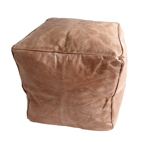 Moroccan Leather Cube Ottoman - Tan