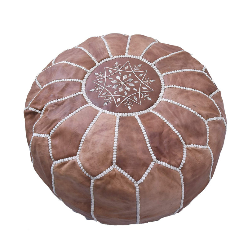 Moroccan Leather Ottoman - Tan-Boho Abode-Bohemian,Boho,brown,decor,floor cushion,handmade,home decor,leather,leather ottoman,moroccan,morocco,ottoman,tan